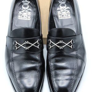 Used Men's black leather Barker Black Cross Bone Loafers Size 12 ½